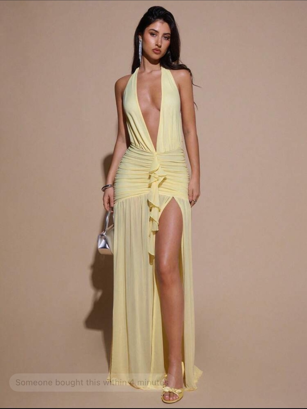 Plunge Halter Ruffle Maxi Dress Slit Yellow Low Deep V Neck Summer Sexy